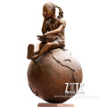 Customized outdoor children statue bronze girl sitting globe sculpture